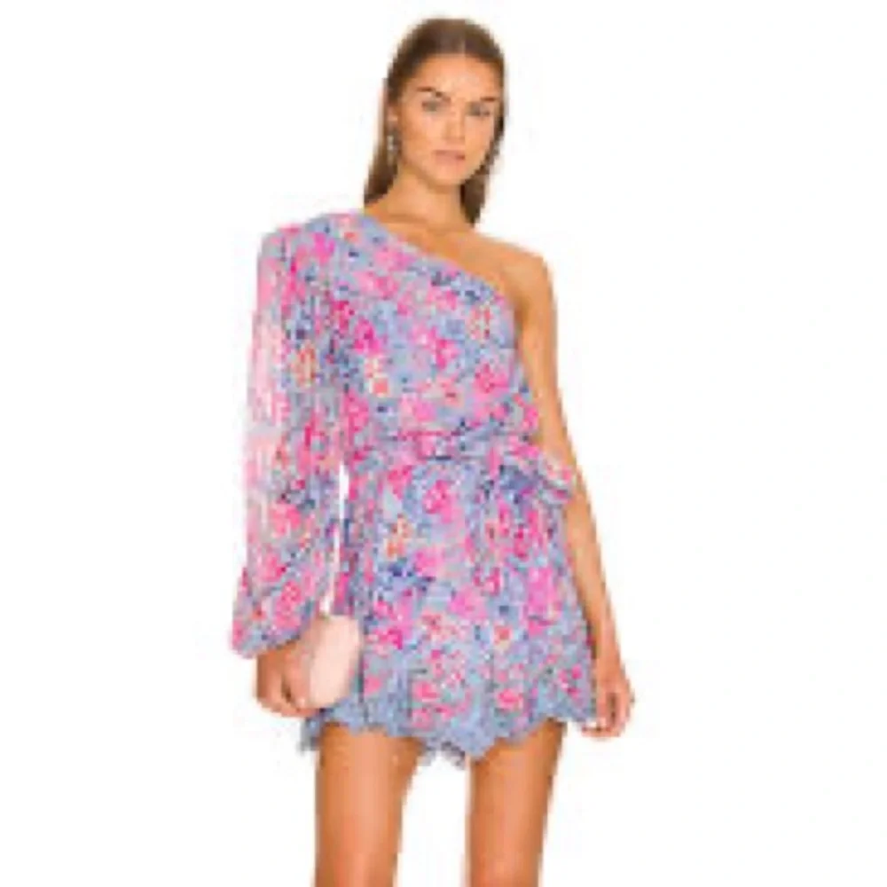 HEMANT & NANDITA Vibrant Pink and Blue One-Shoulder Mini Dress - Picture 4 of 12